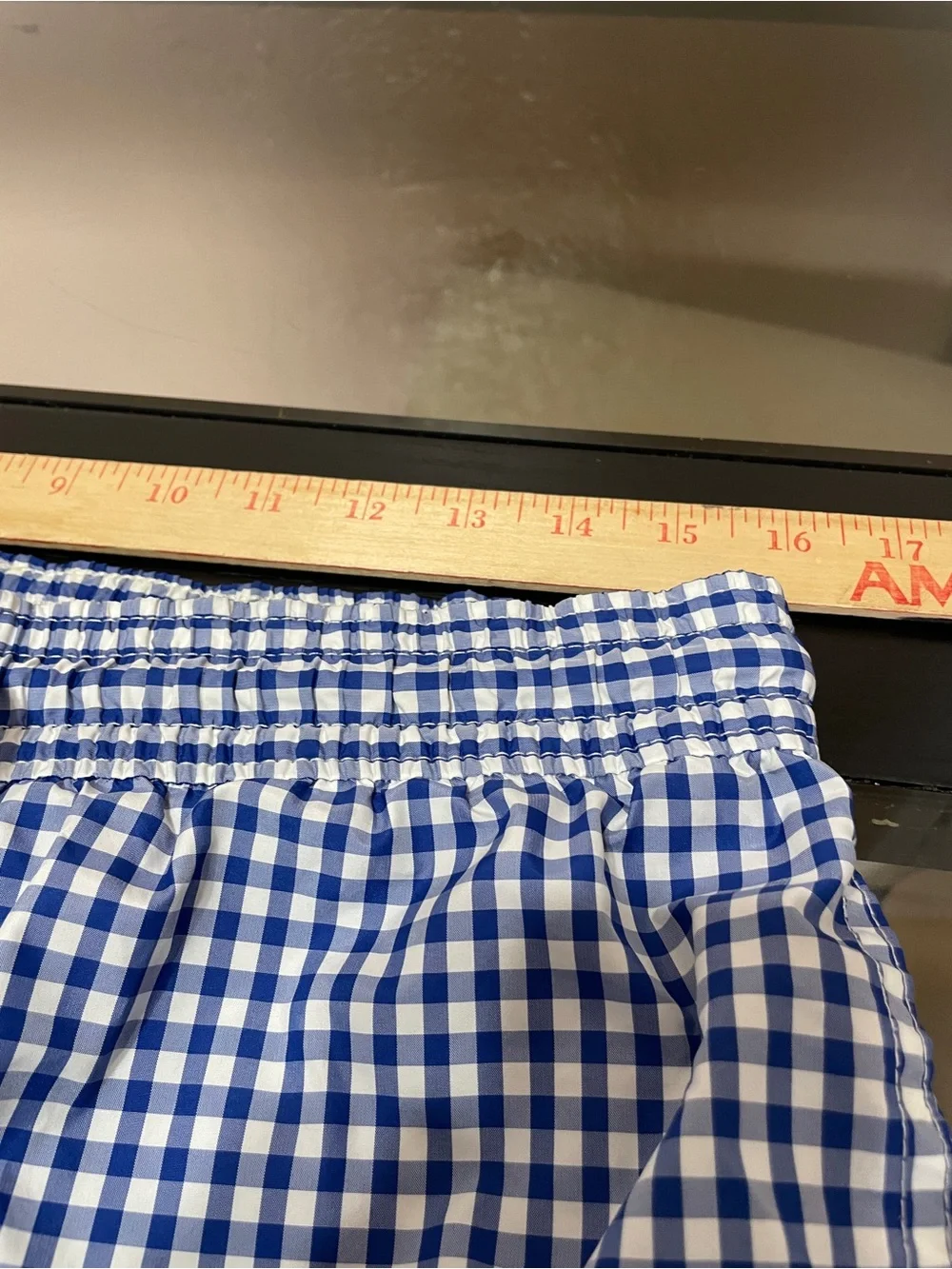 Polo Ralph Lauren Men's Blue and White Gingham Swim Trunks with Yellow Logo